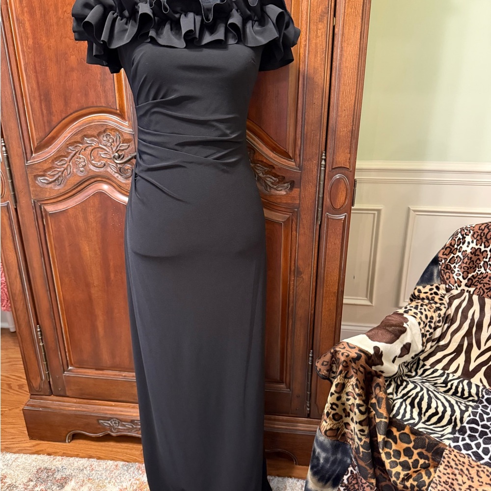 Xscape Black Off-the-Shoulder Ruffle Column Gown